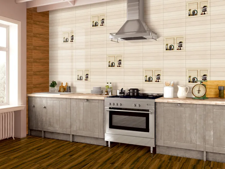 Beige kitchen design contrasting beautifully with sleek white kitchen cabinets.